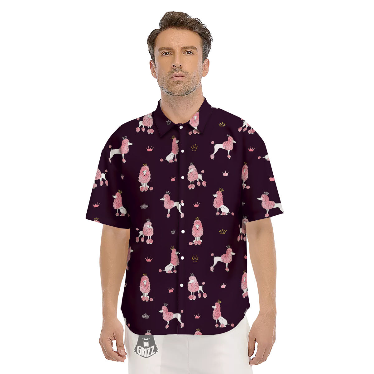 Crown And Poodle Print Pattern Men's Short Sleeve Shirts-grizzshop