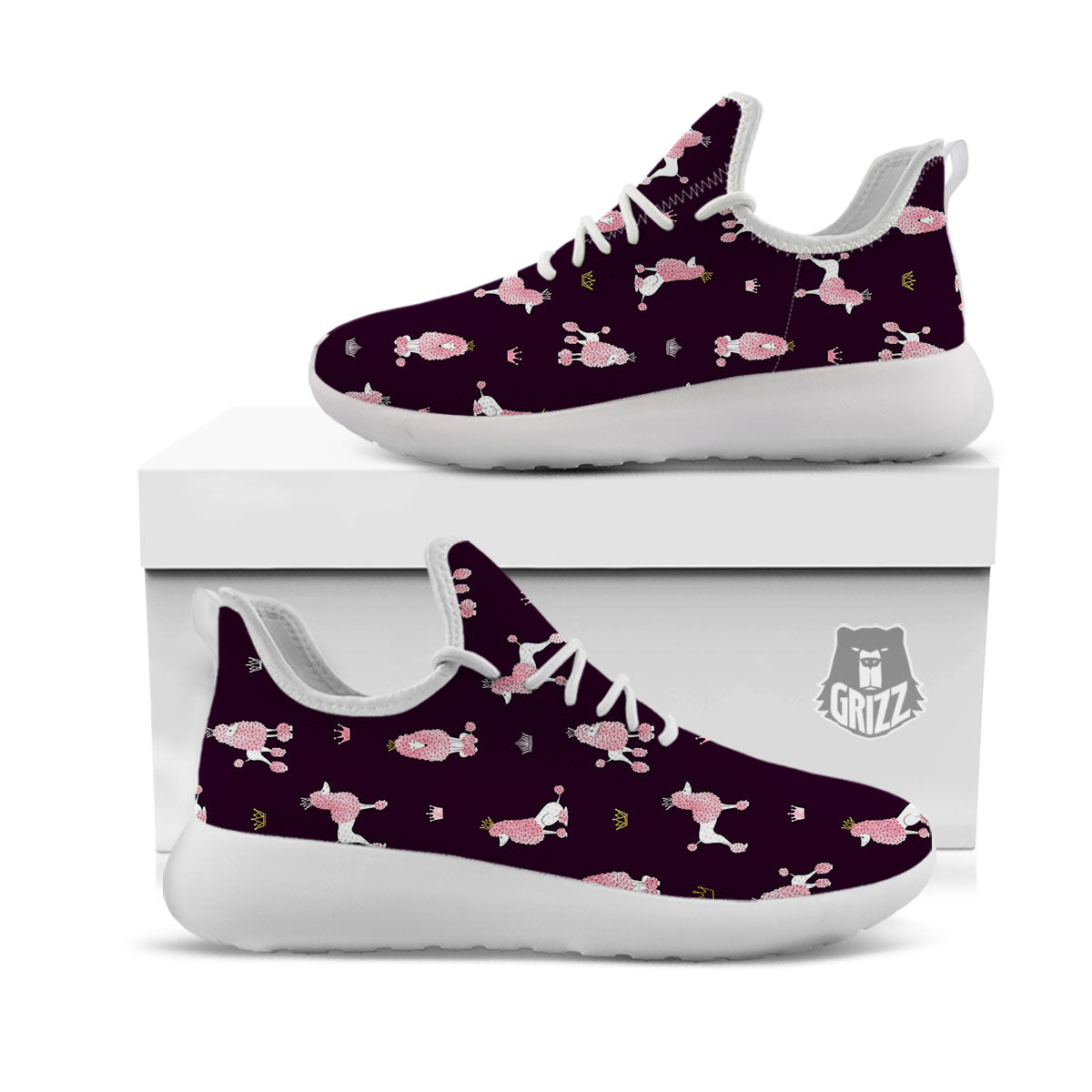 Crown And Poodle Print Pattern White Athletic Shoes-grizzshop