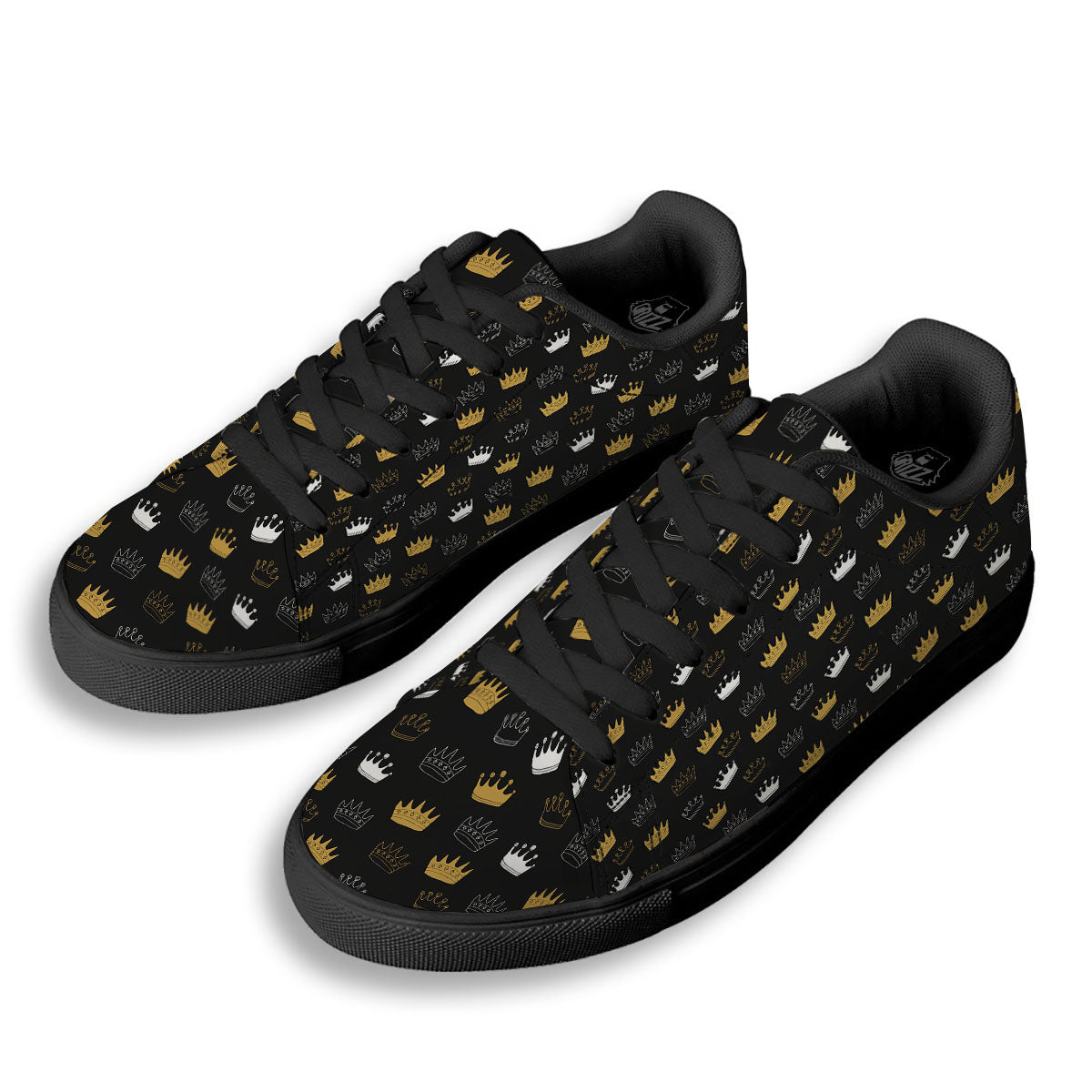 Crown Doodle Print Pattern Black Low Top Sneakers-grizzshop