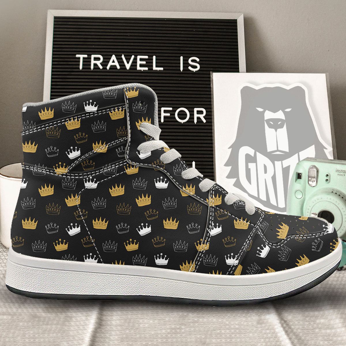 Crown Doodle Print Pattern High Top Sneakers-grizzshop