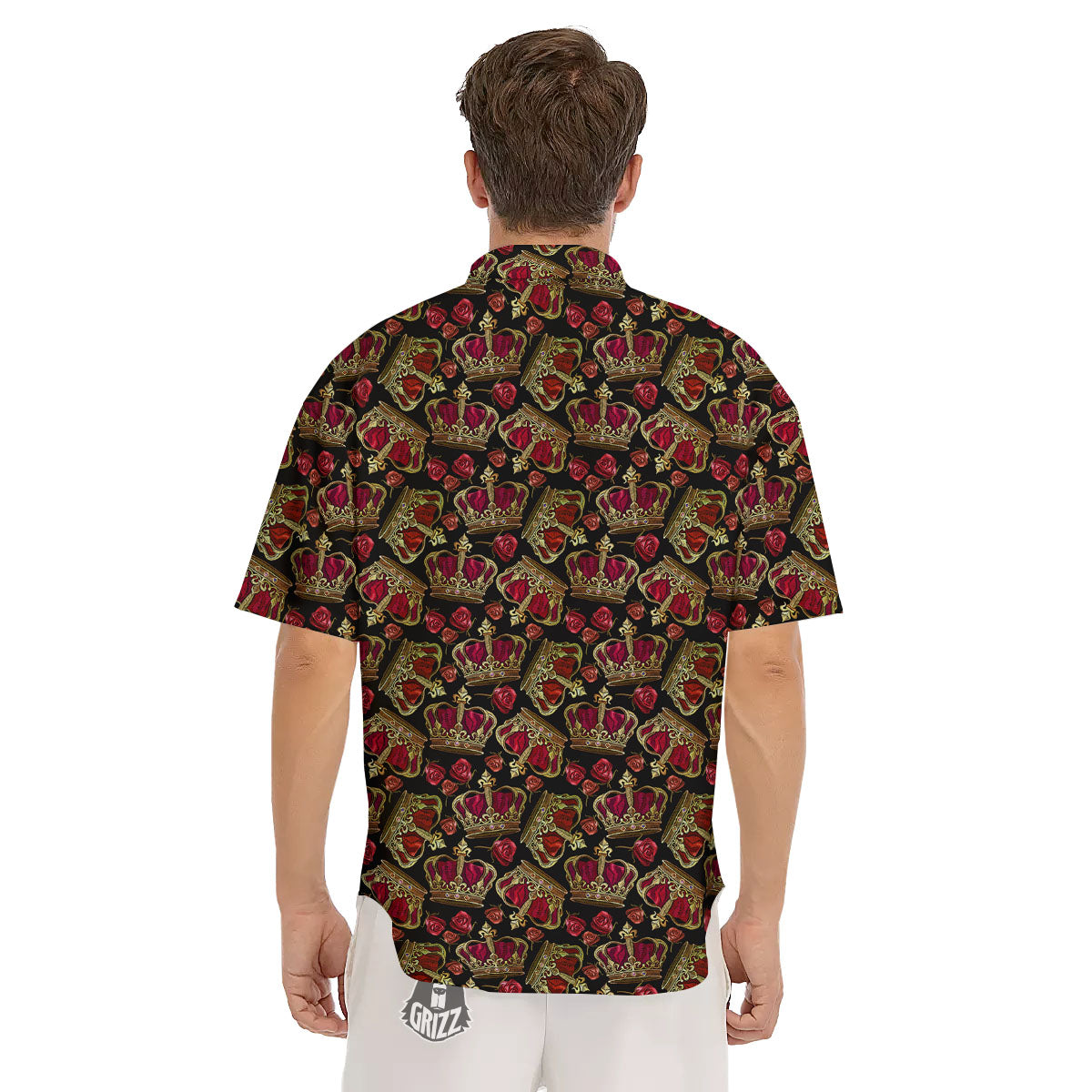 Crown Embroidery Print Pattern Men's Short Sleeve Shirts-grizzshop