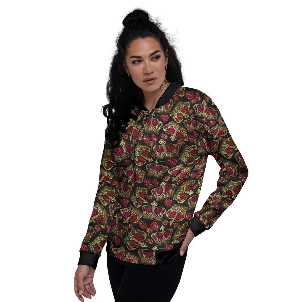 Crown Embroidery Print Pattern Women's Bomber Jacket-grizzshop