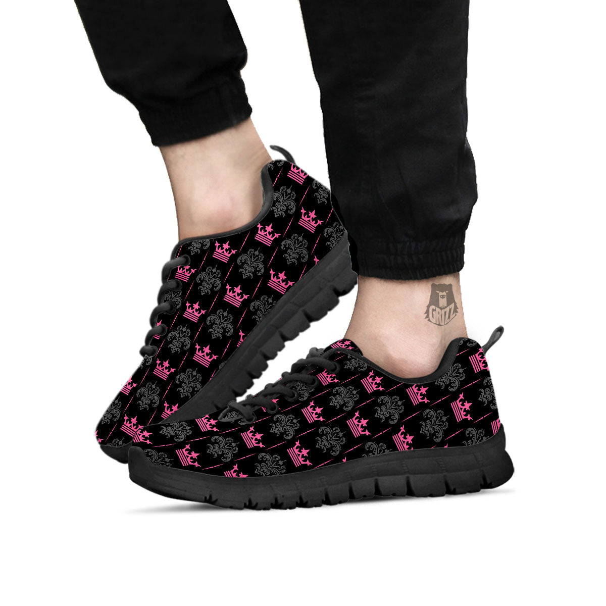 Crown Pink Print Pattern Black Sneaker-grizzshop