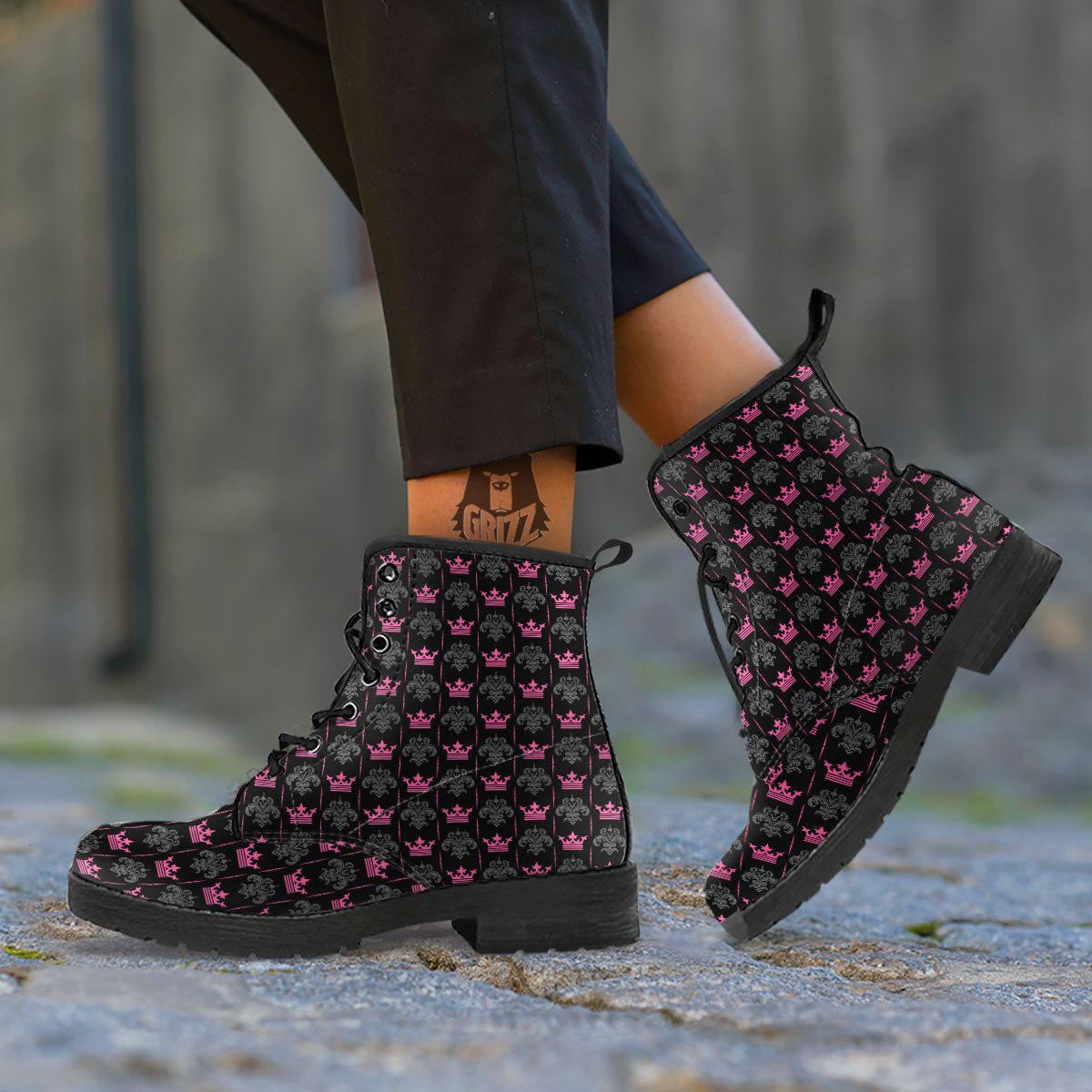 Crown Pink Print Pattern Leather Boots-grizzshop