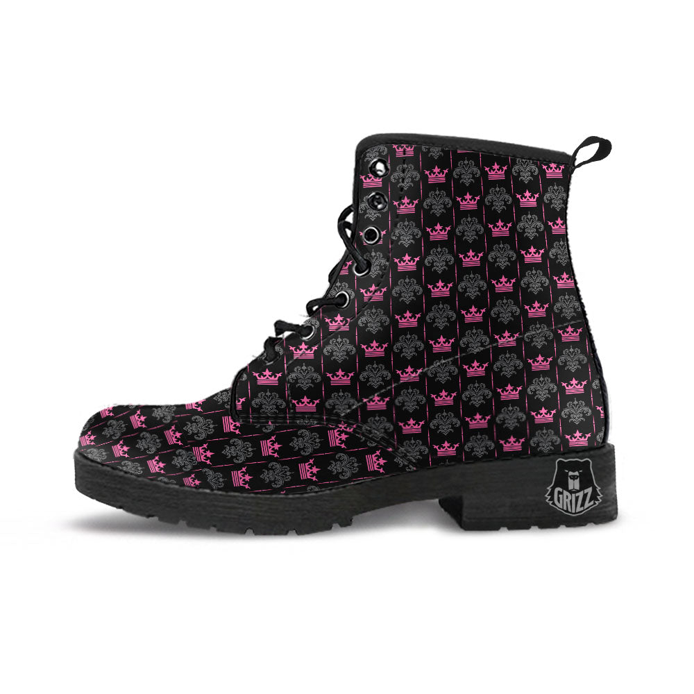 Crown Pink Print Pattern Leather Boots-grizzshop