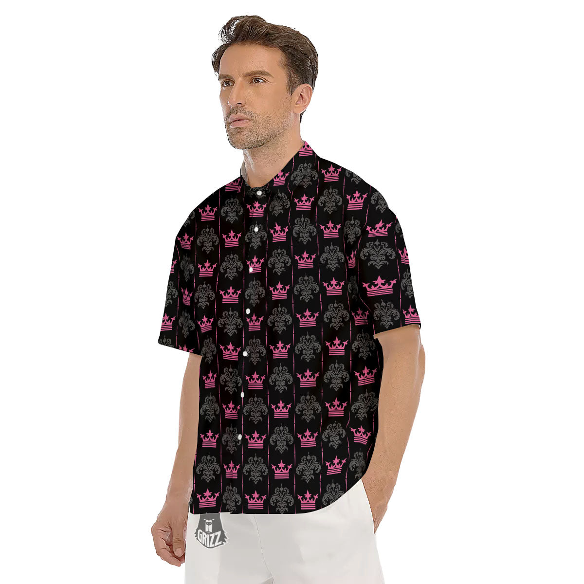 Crown Pink Print Pattern Men's Short Sleeve Shirts-grizzshop