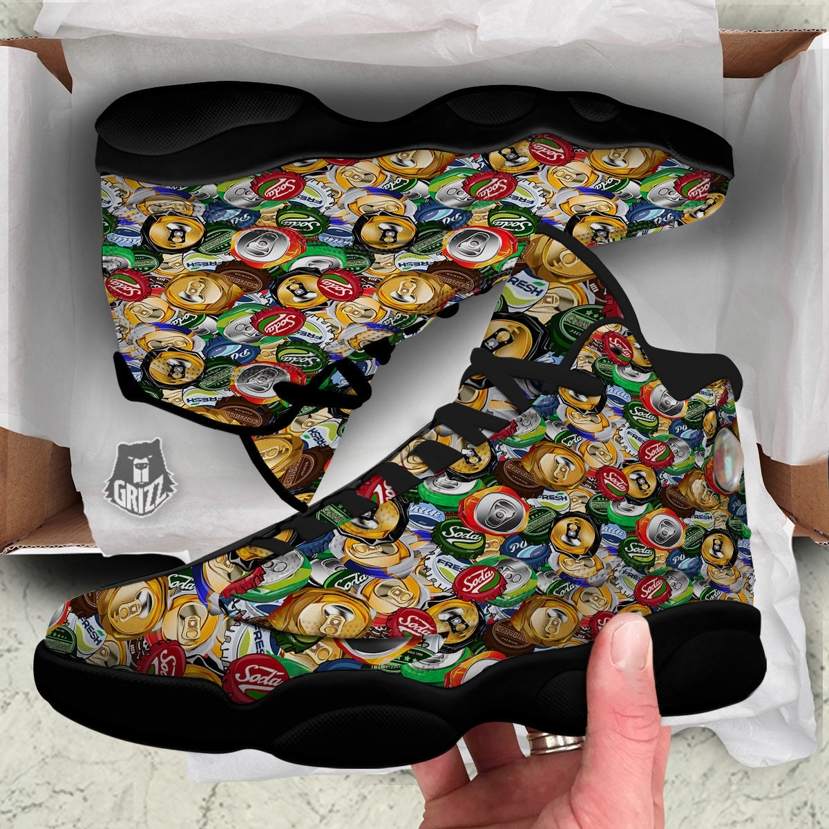 Crumpled Cans And Caps Print Pattern Black Basketball Shoes-grizzshop