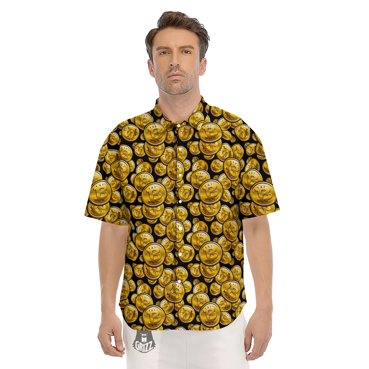 Crypto Bitcoin Print Pattern Men's Short Sleeve Shirts-grizzshop