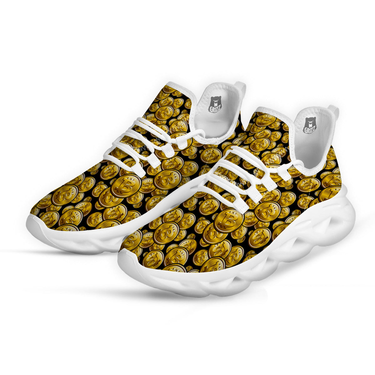 Crypto Bitcoin Print Pattern White Running Shoes-grizzshop