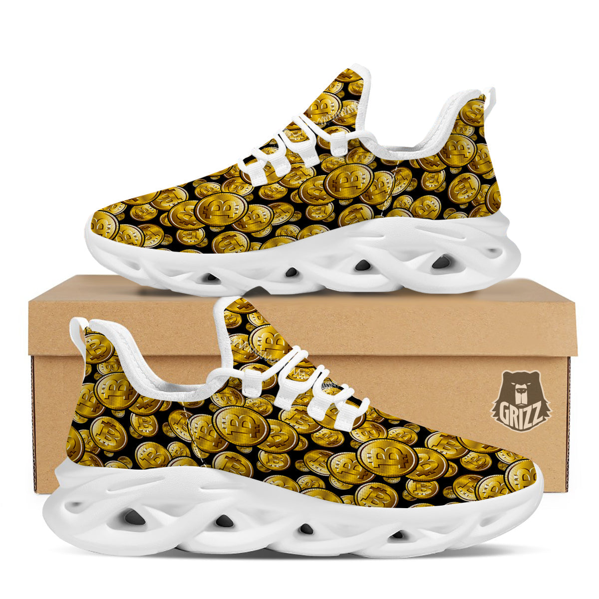 Crypto Bitcoin Print Pattern White Running Shoes-grizzshop