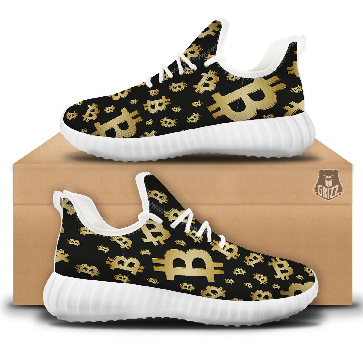 Cryptocurrency Bitcoin Print Pattern White Walking Shoes-grizzshop