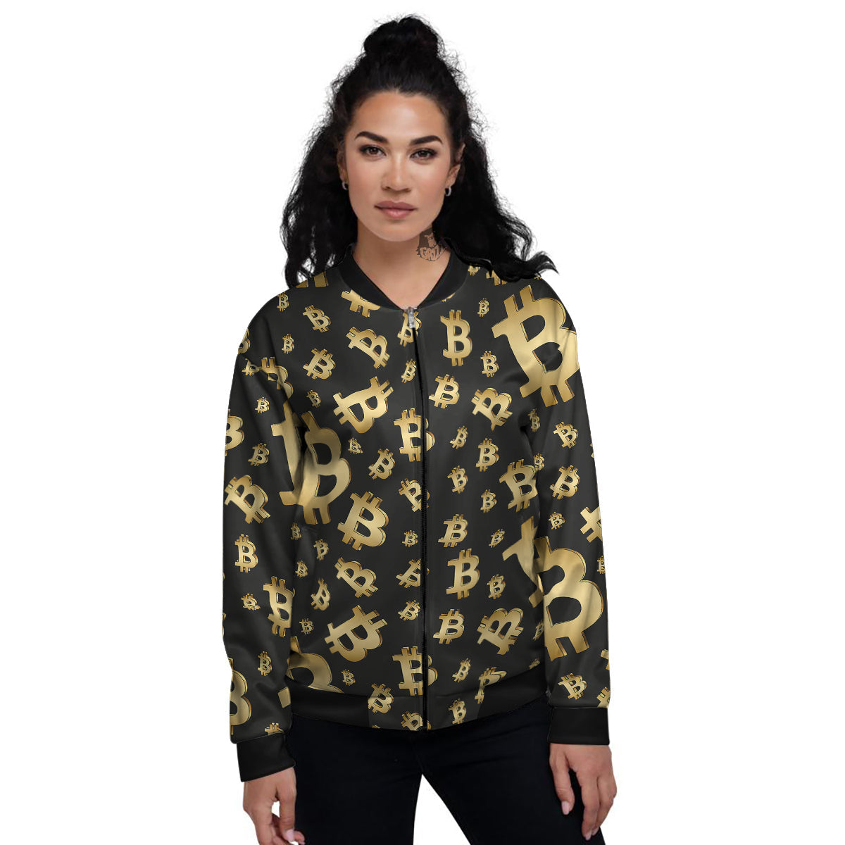 Women's bomber jacket - black with gold zips and leopard print