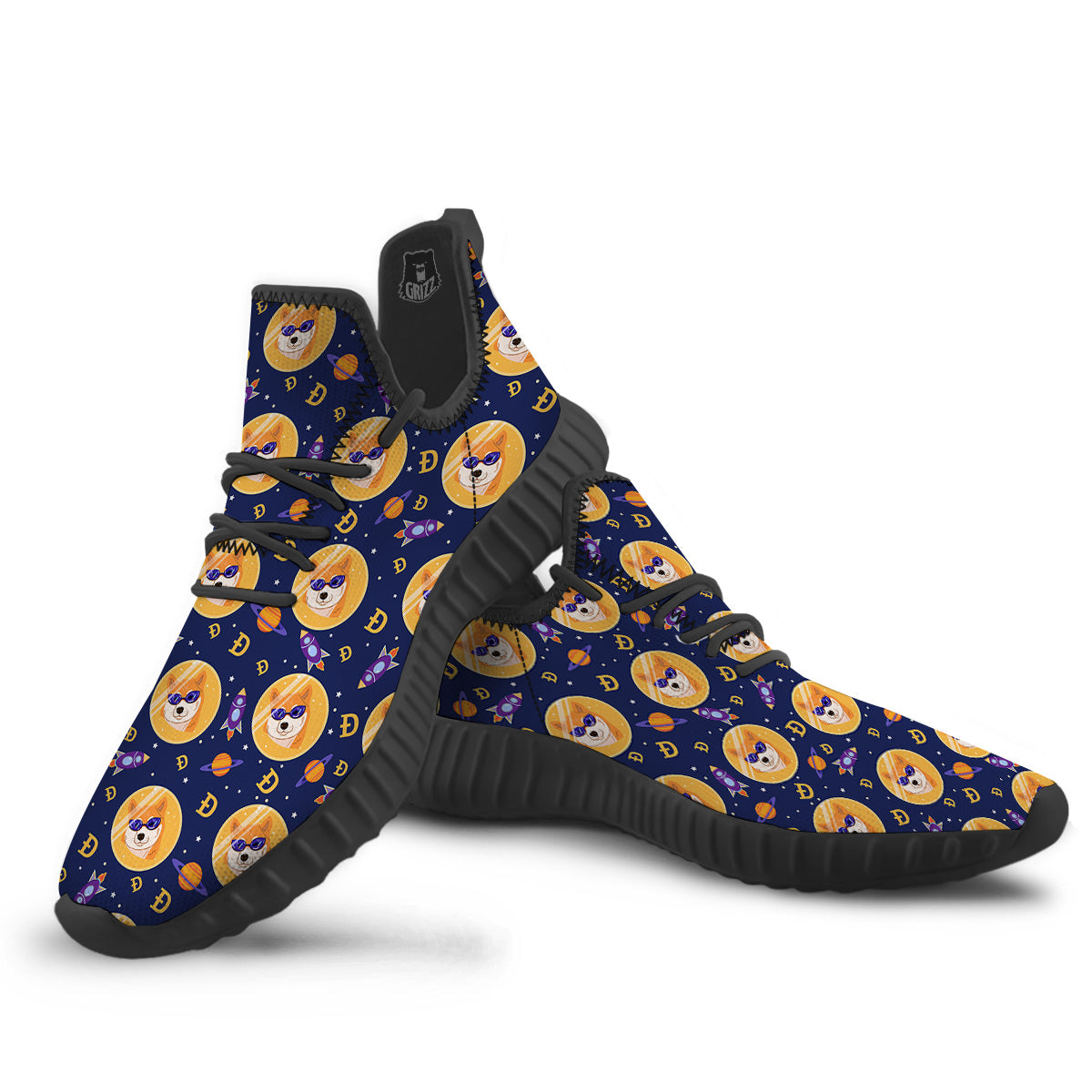 Cryptocurrency Shiba Print Pattern Black Walking Shoes-grizzshop