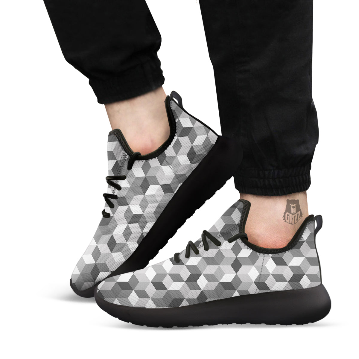 Cube Geometric Shape White Print Pattern Black Athletic Shoes-grizzshop