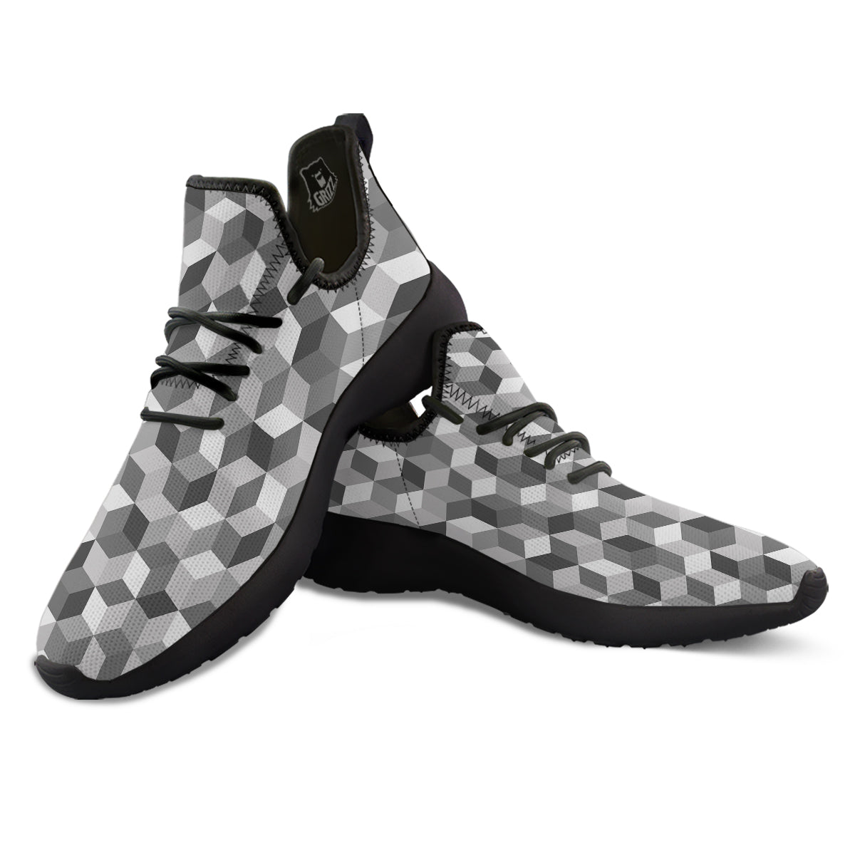 Cube Geometric Shape White Print Pattern Black Athletic Shoes-grizzshop