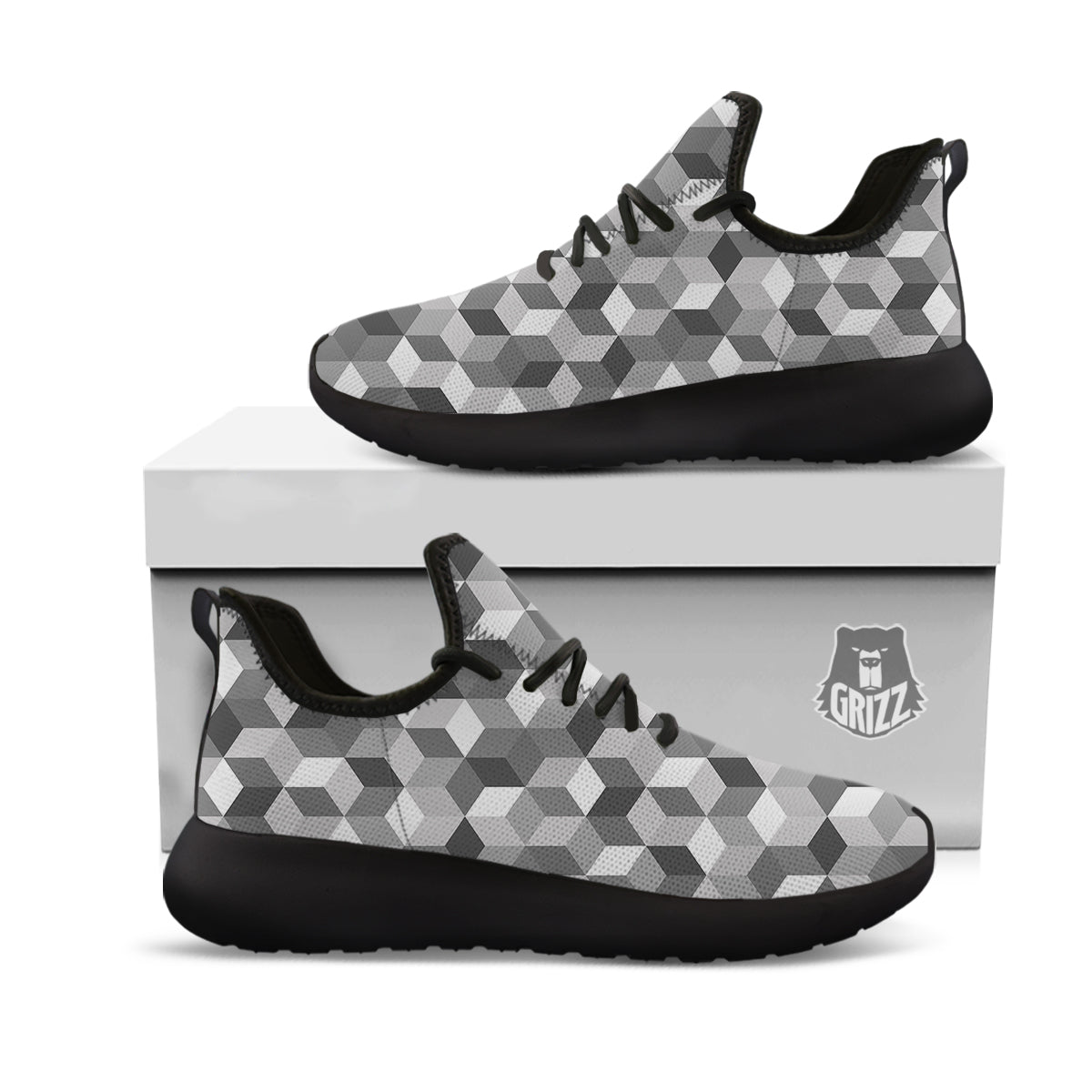Cube Geometric Shape White Print Pattern Black Athletic Shoes-grizzshop