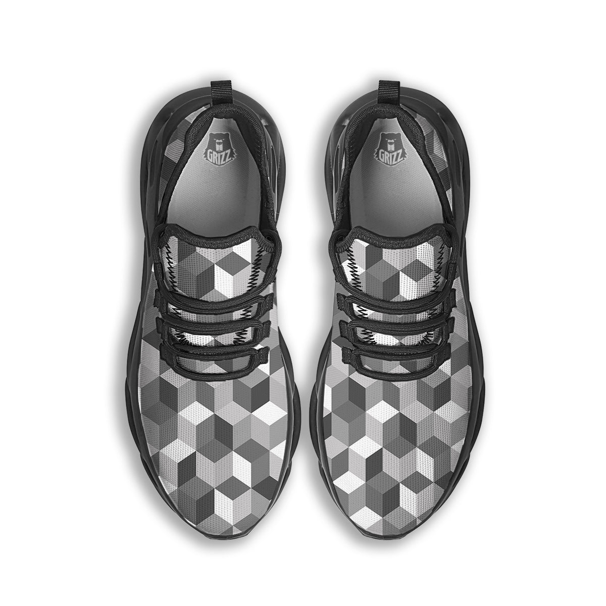 Cube Geometric Shape White Print Pattern Black Running Shoes-grizzshop