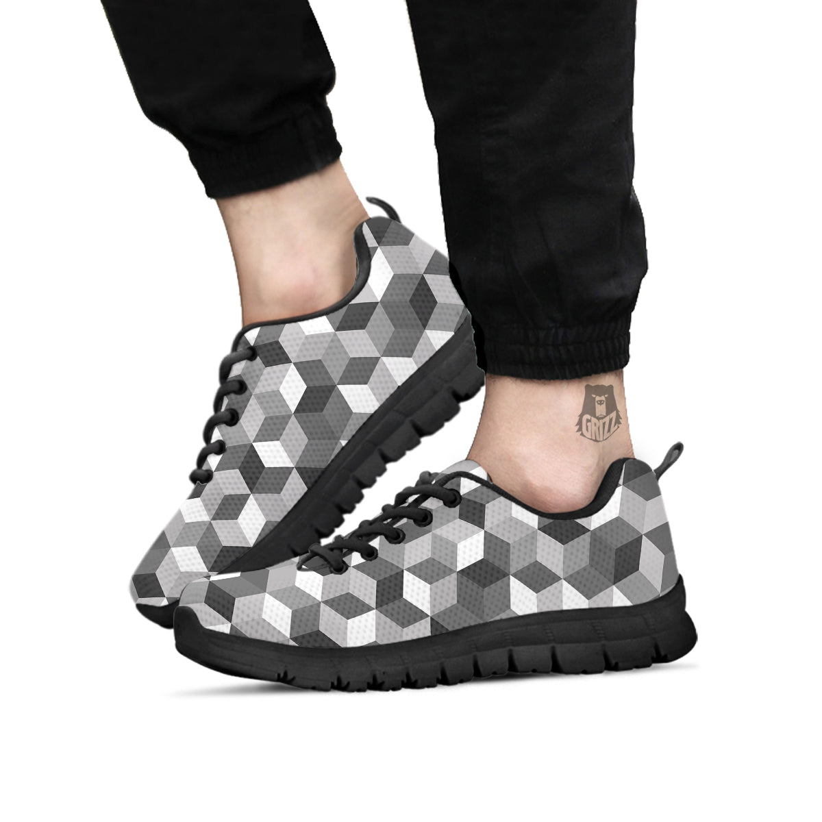 Cube Geometric Shape White Print Pattern Black Sneaker-grizzshop