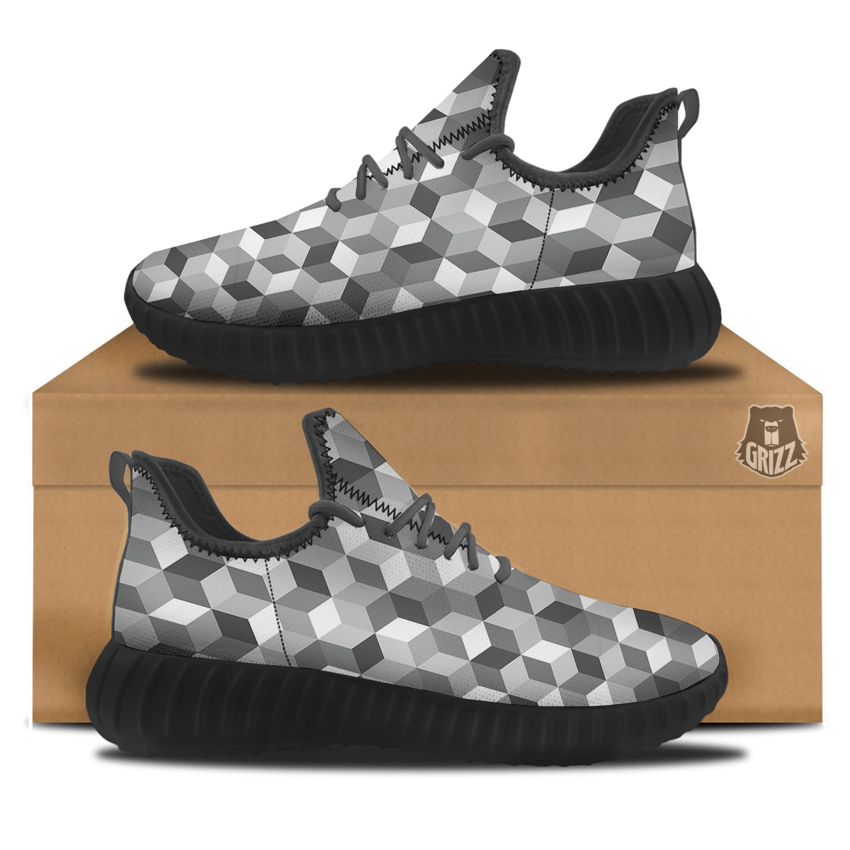 Cube Geometric Shape White Print Pattern Black Walking Shoes-grizzshop