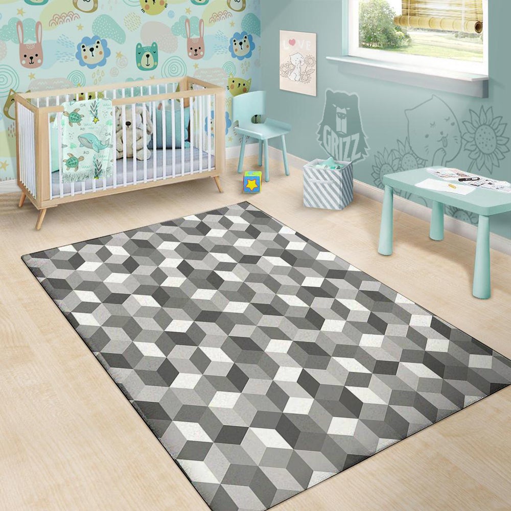 Cube Geometric Shape White Print Pattern Floor Mat-grizzshop