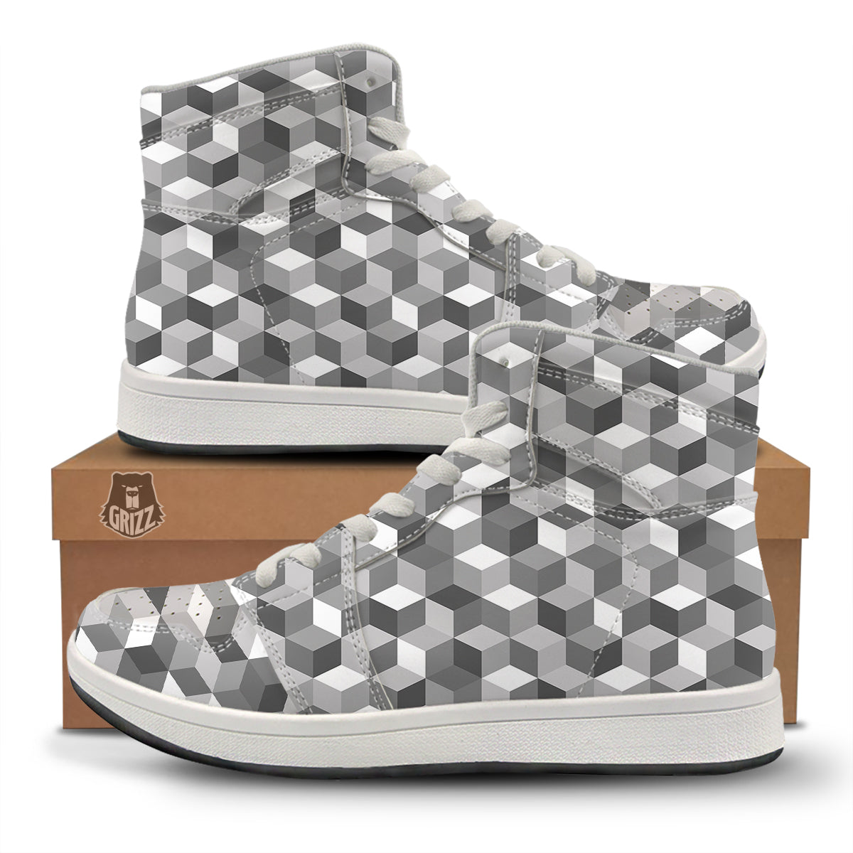 Cube Geometric Shape White Print Pattern High Top Sneakers-grizzshop