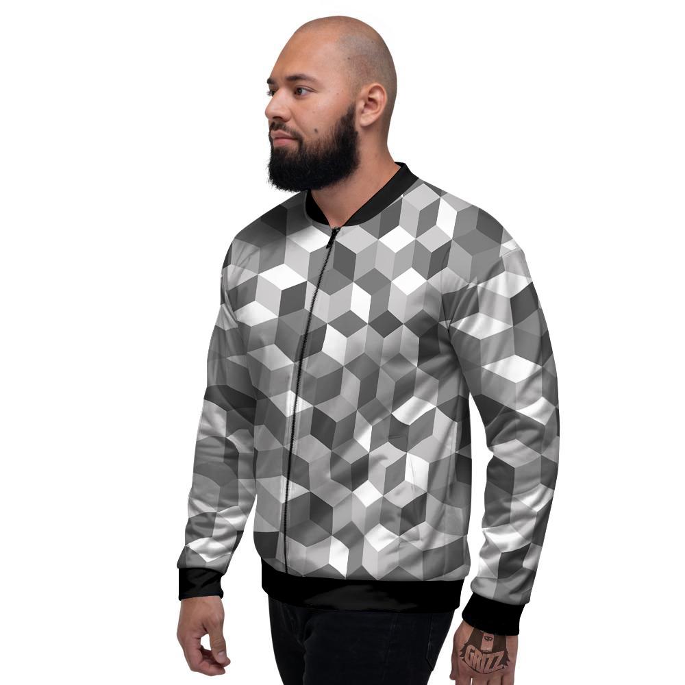 Cube Geometric Shape White Print Pattern Men's Bomber Jacket-grizzshop
