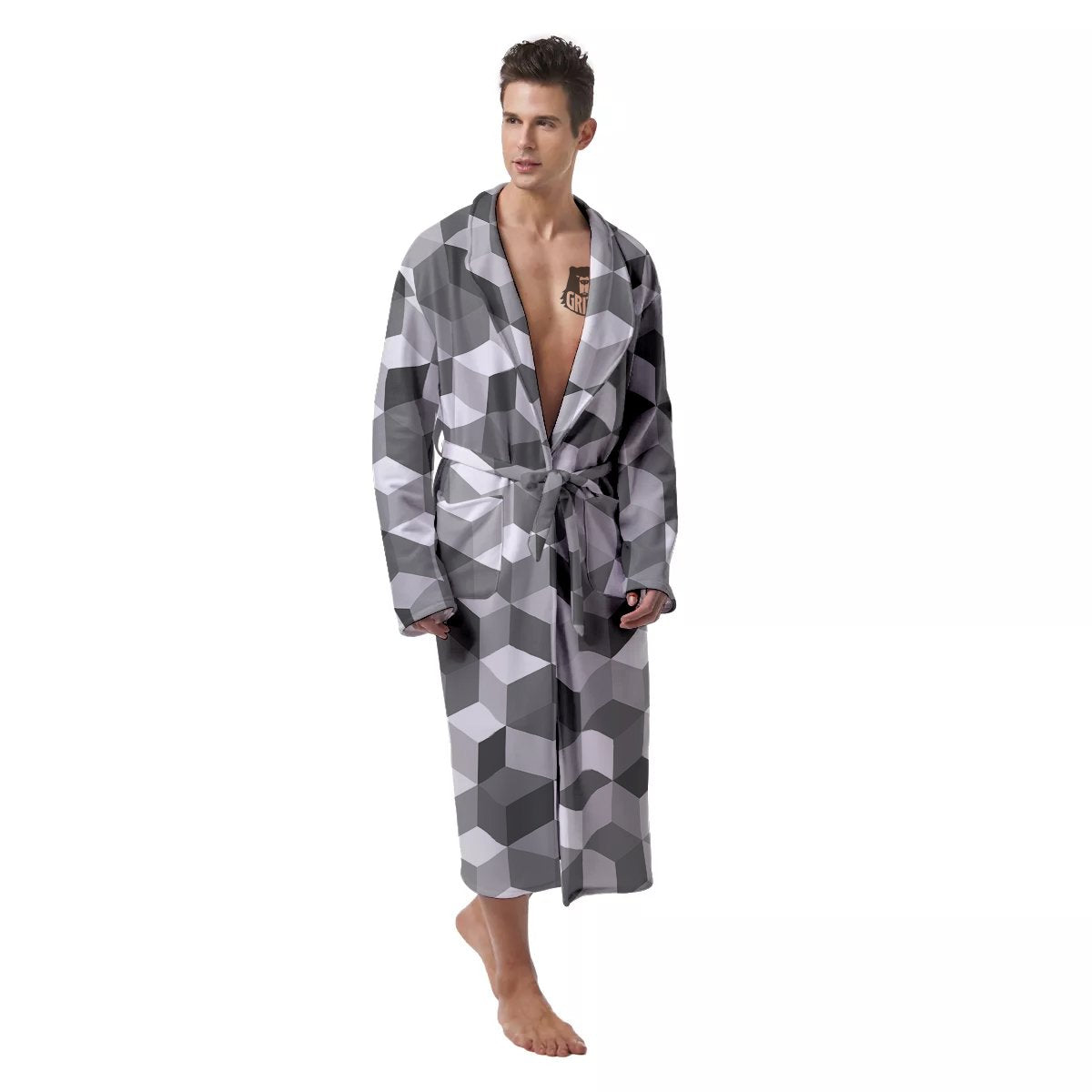 Cube Geometric Shape White Print Pattern Men's Robe-grizzshop