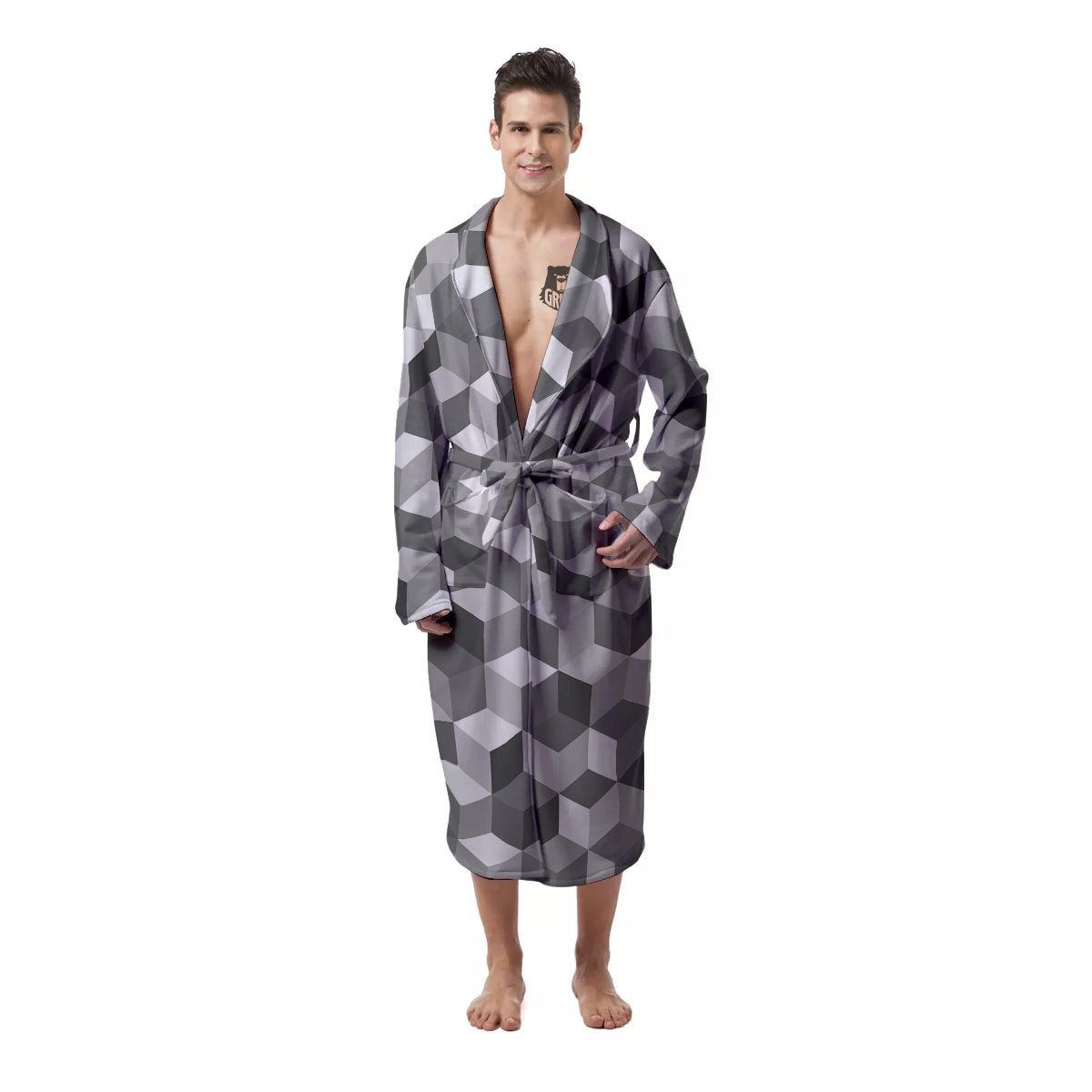 Cube Geometric Shape White Print Pattern Men's Robe-grizzshop