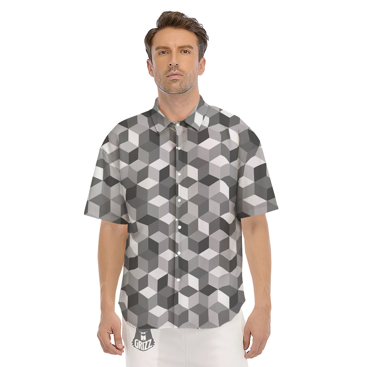 Cube Geometric Shape White Print Pattern Men's Short Sleeve Shirts-grizzshop