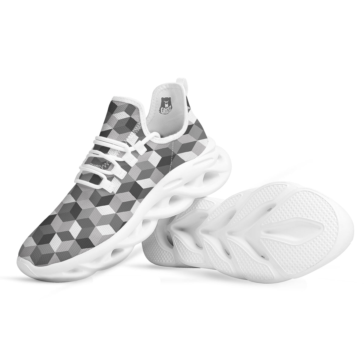 Cube Geometric Shape White Print Pattern White Running Shoes-grizzshop