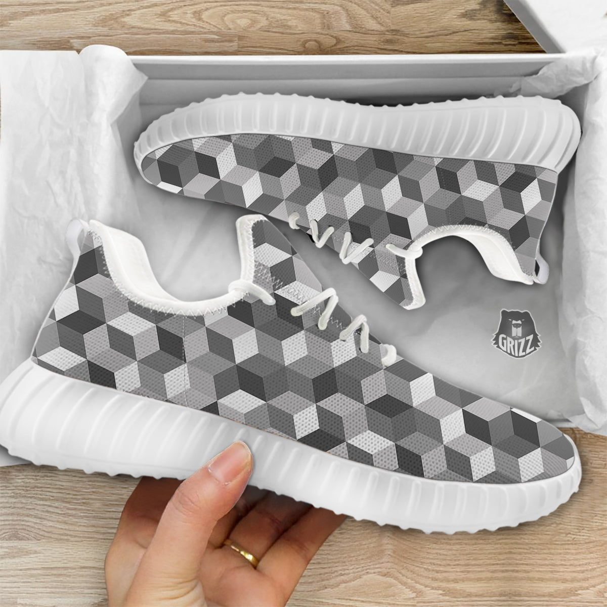 Cube Geometric Shape White Print Pattern White Walking Shoes-grizzshop