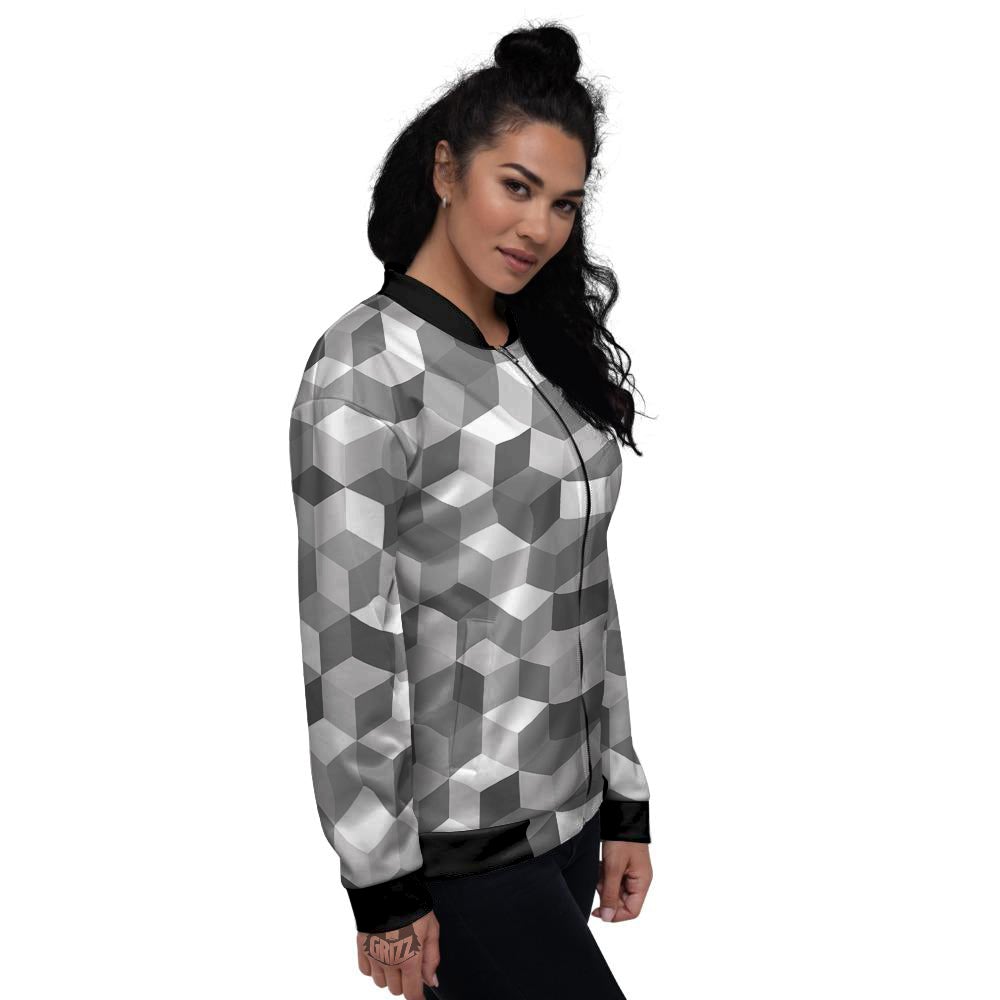 Cube Geometric Shape White Print Pattern Women's Bomber Jacket-grizzshop