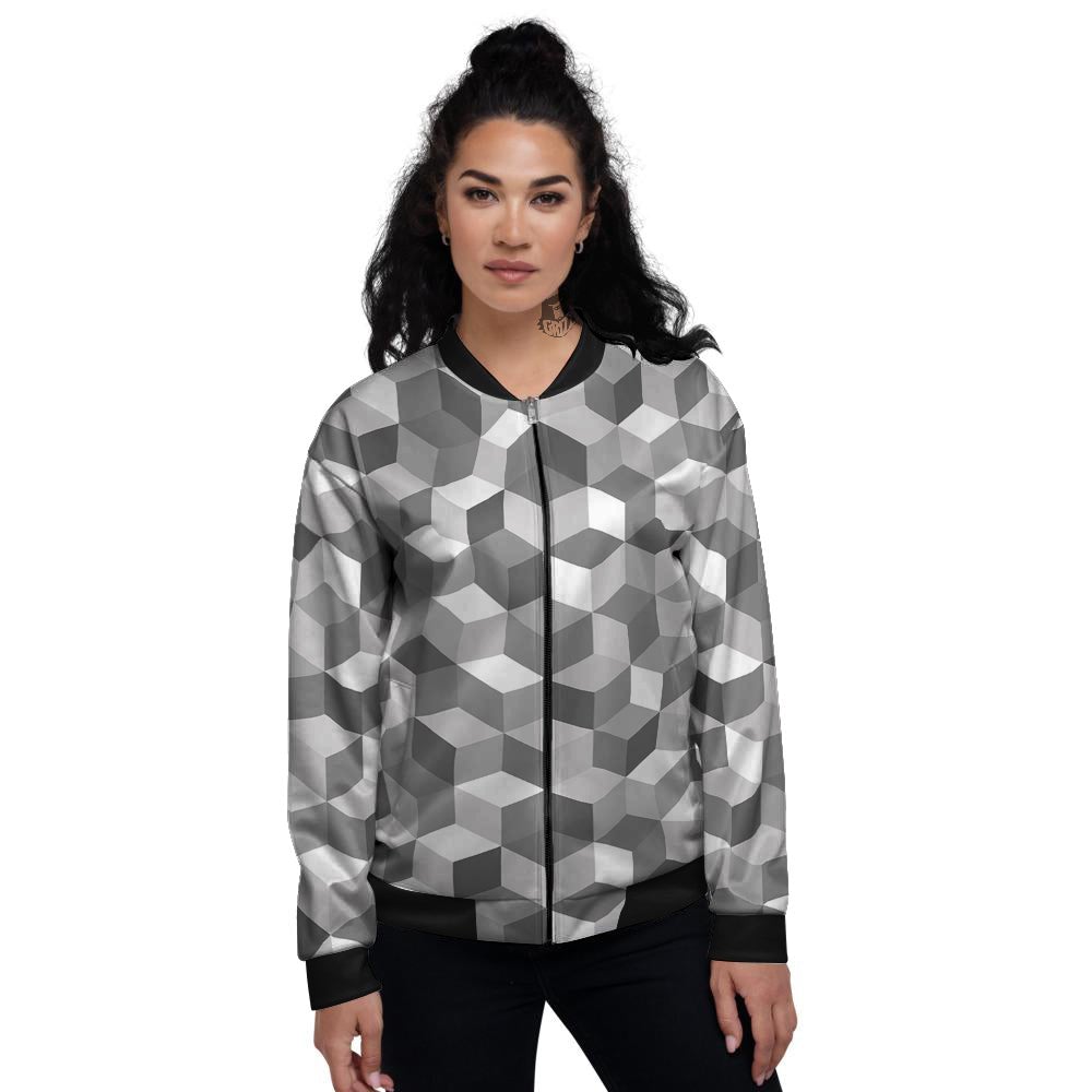 Cube Geometric Shape White Print Pattern Women's Bomber Jacket-grizzshop