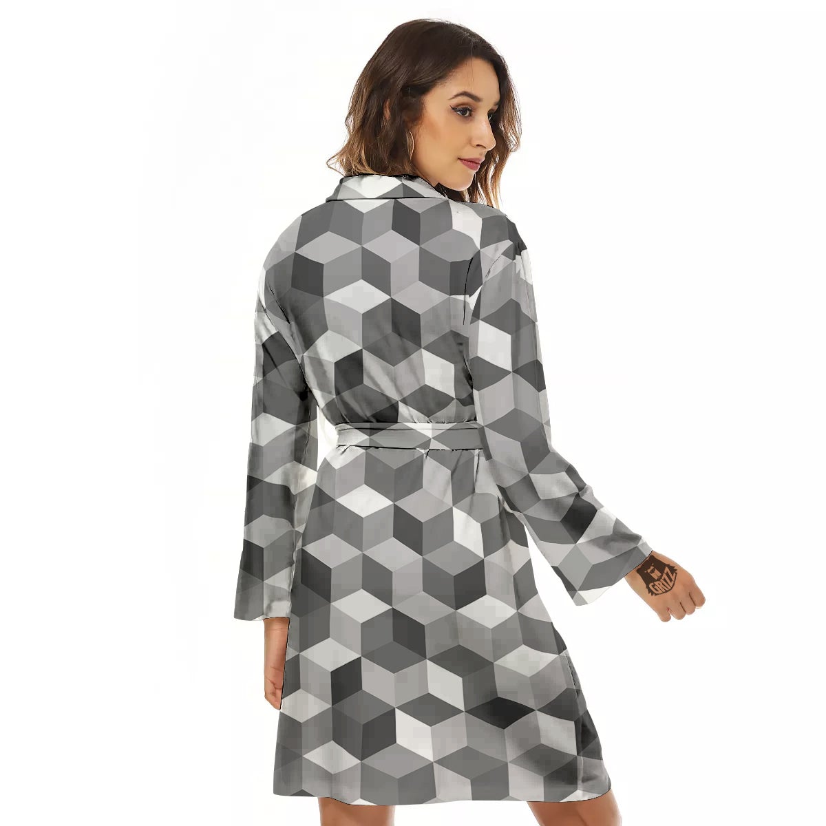 Cube Geometric Shape White Print Pattern Women's Robe-grizzshop