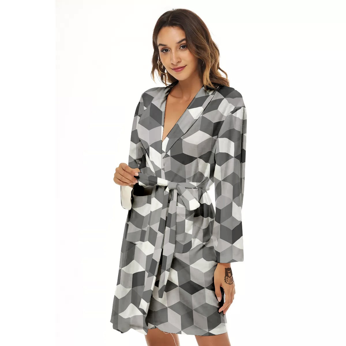 Cube Geometric Shape White Print Pattern Women's Robe-grizzshop