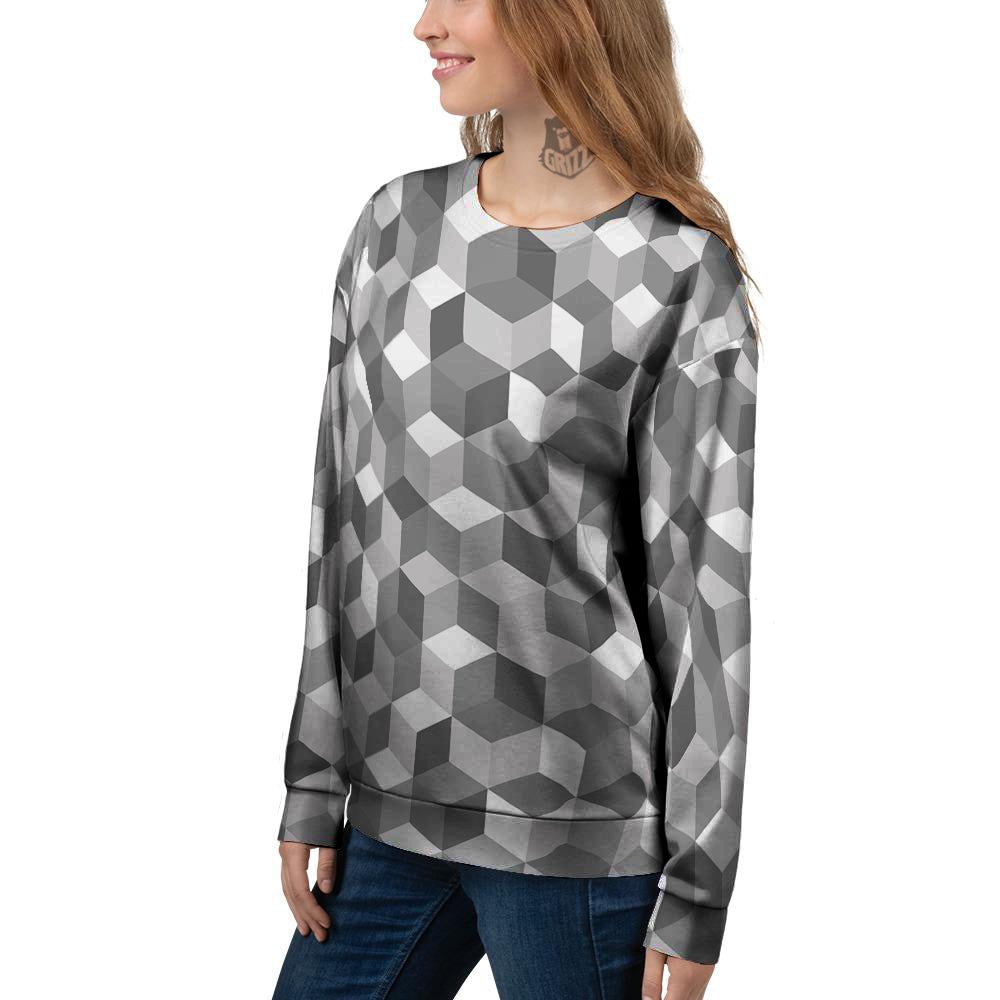 Cube Geometric Shape White Print Pattern Women's Sweatshirt-grizzshop