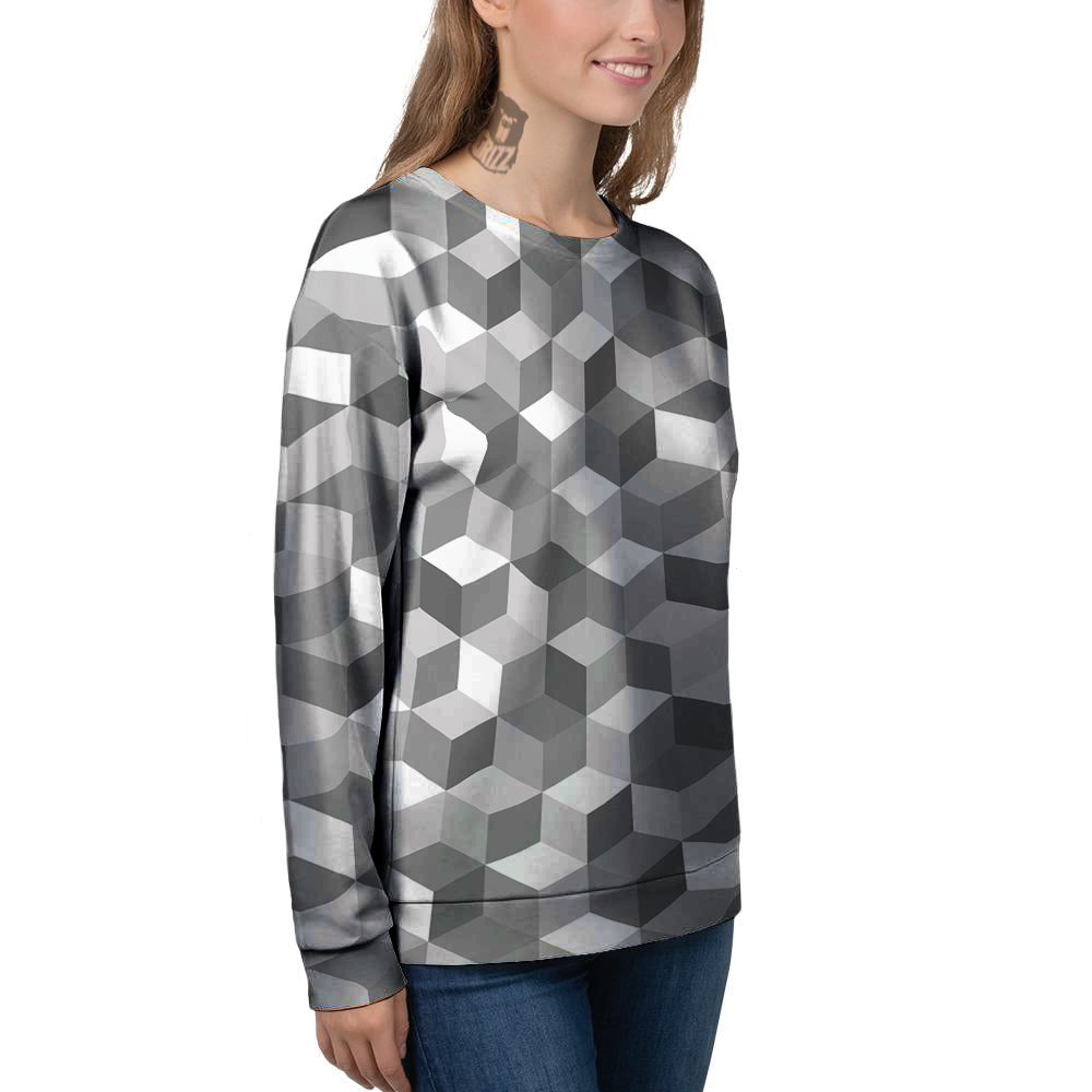 Cube Geometric Shape White Print Pattern Women's Sweatshirt-grizzshop