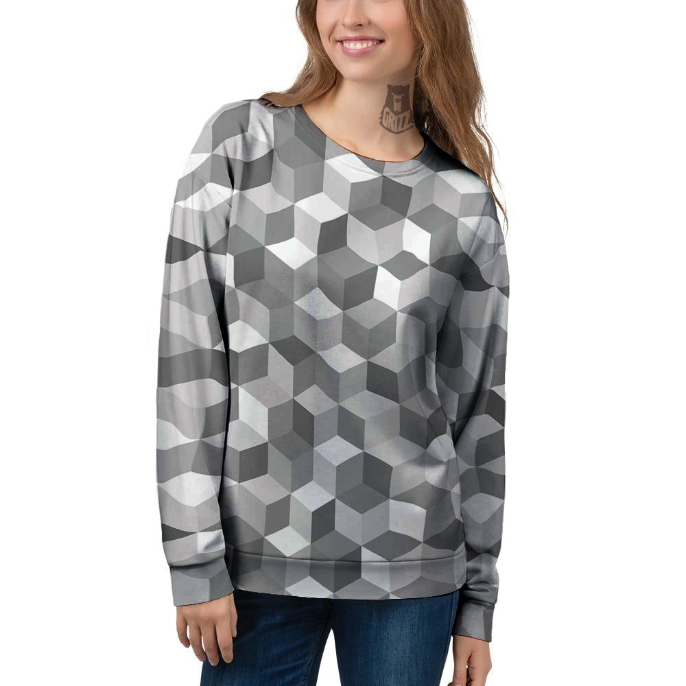 Cube Geometric Shape White Print Pattern Women's Sweatshirt-grizzshop