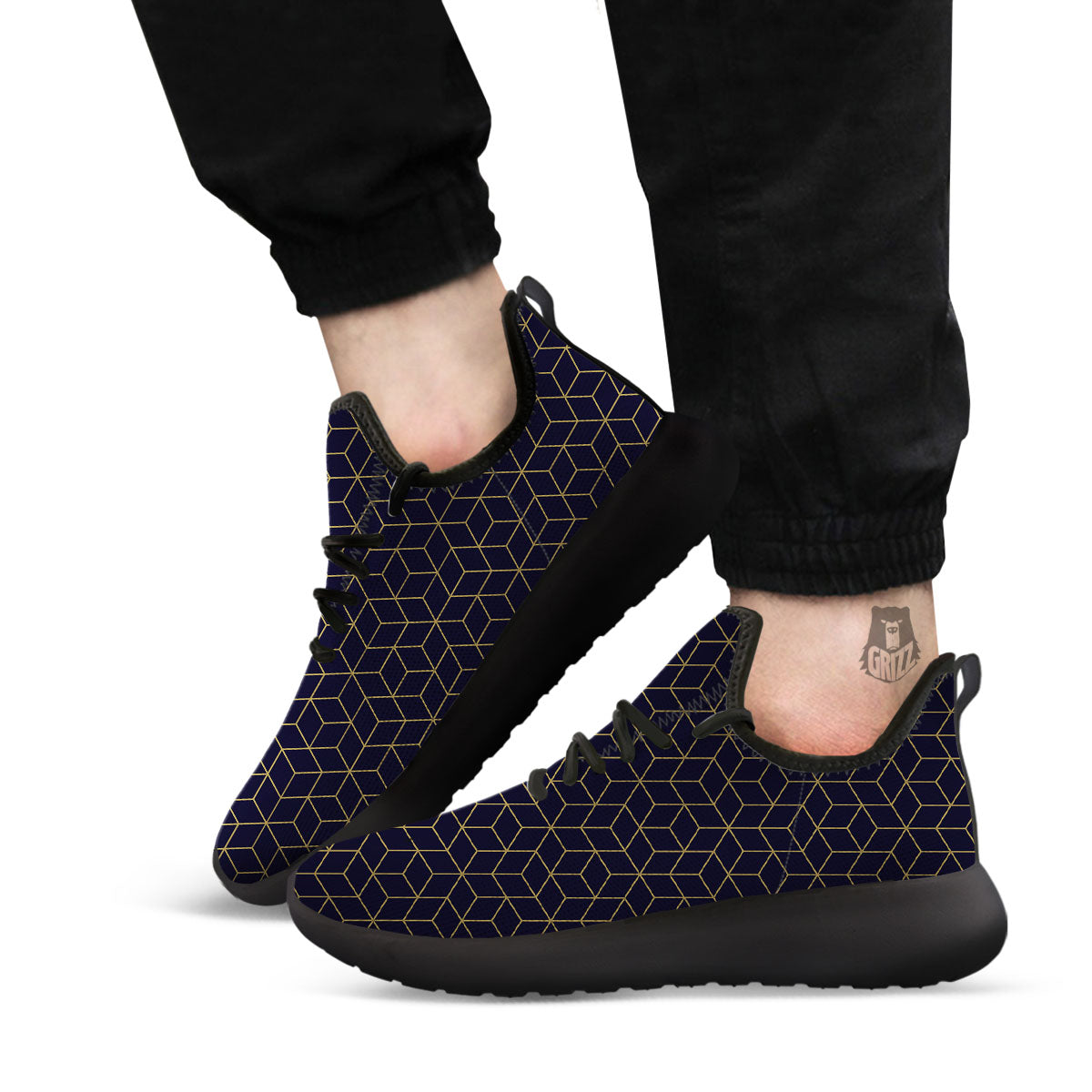 Cube Shape Black Geometric Print Pattern Black Athletic Shoes-grizzshop