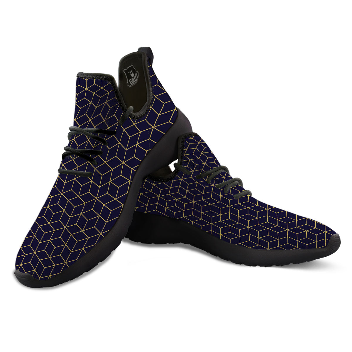 Cube Shape Black Geometric Print Pattern Black Athletic Shoes-grizzshop