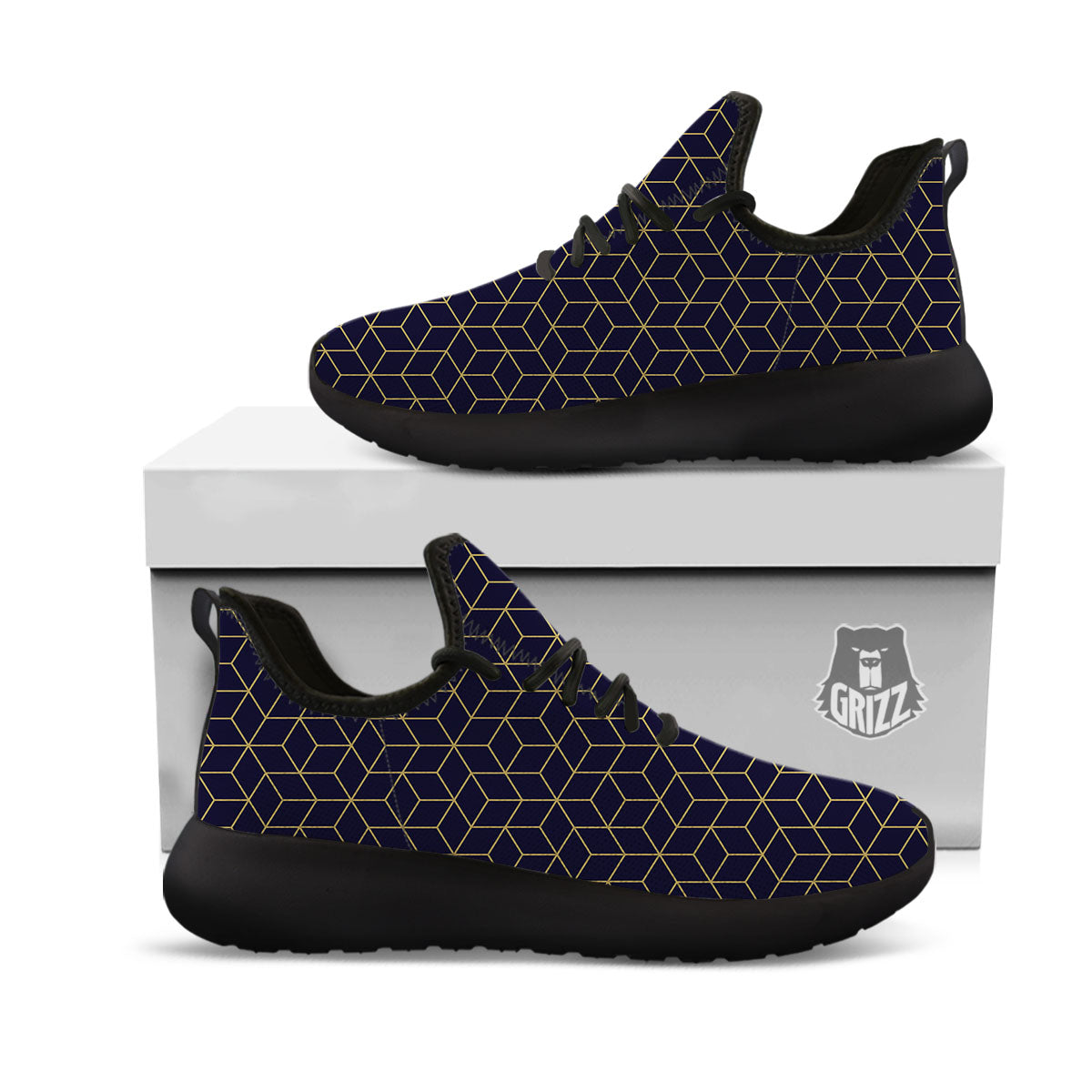 Cube Shape Black Geometric Print Pattern Black Athletic Shoes-grizzshop