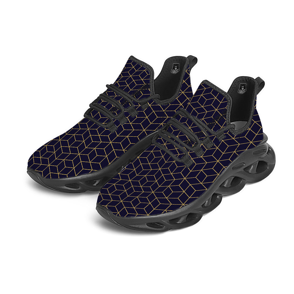 Cube Shape Black Geometric Print Pattern Black Running Shoes-grizzshop