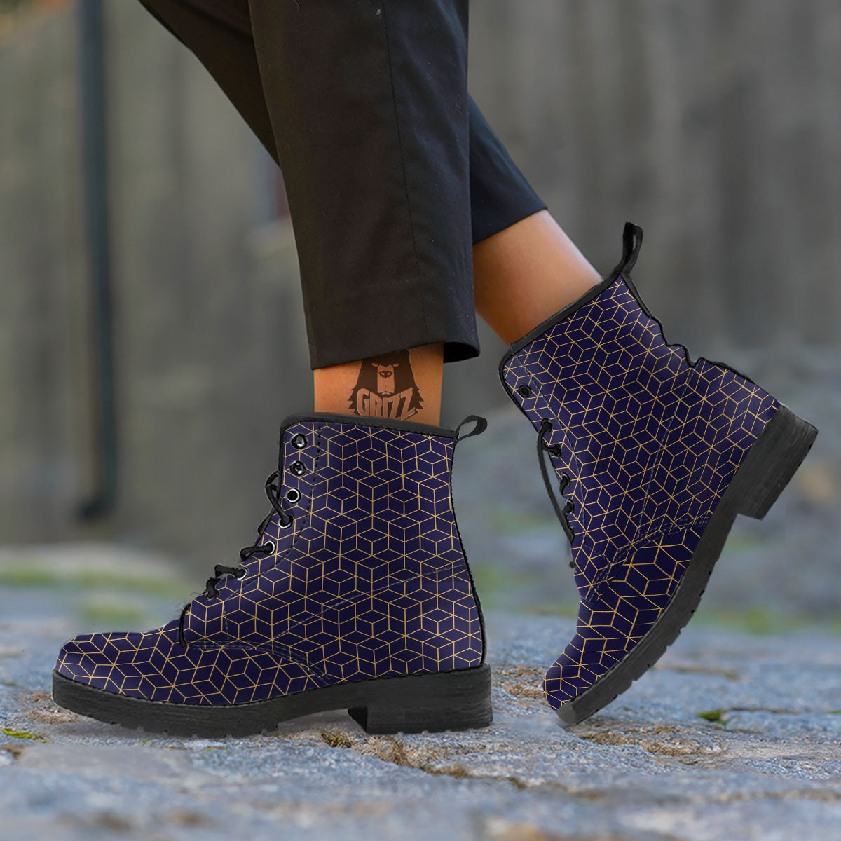 Cube Shape Black Geometric Print Pattern Leather Boots-grizzshop