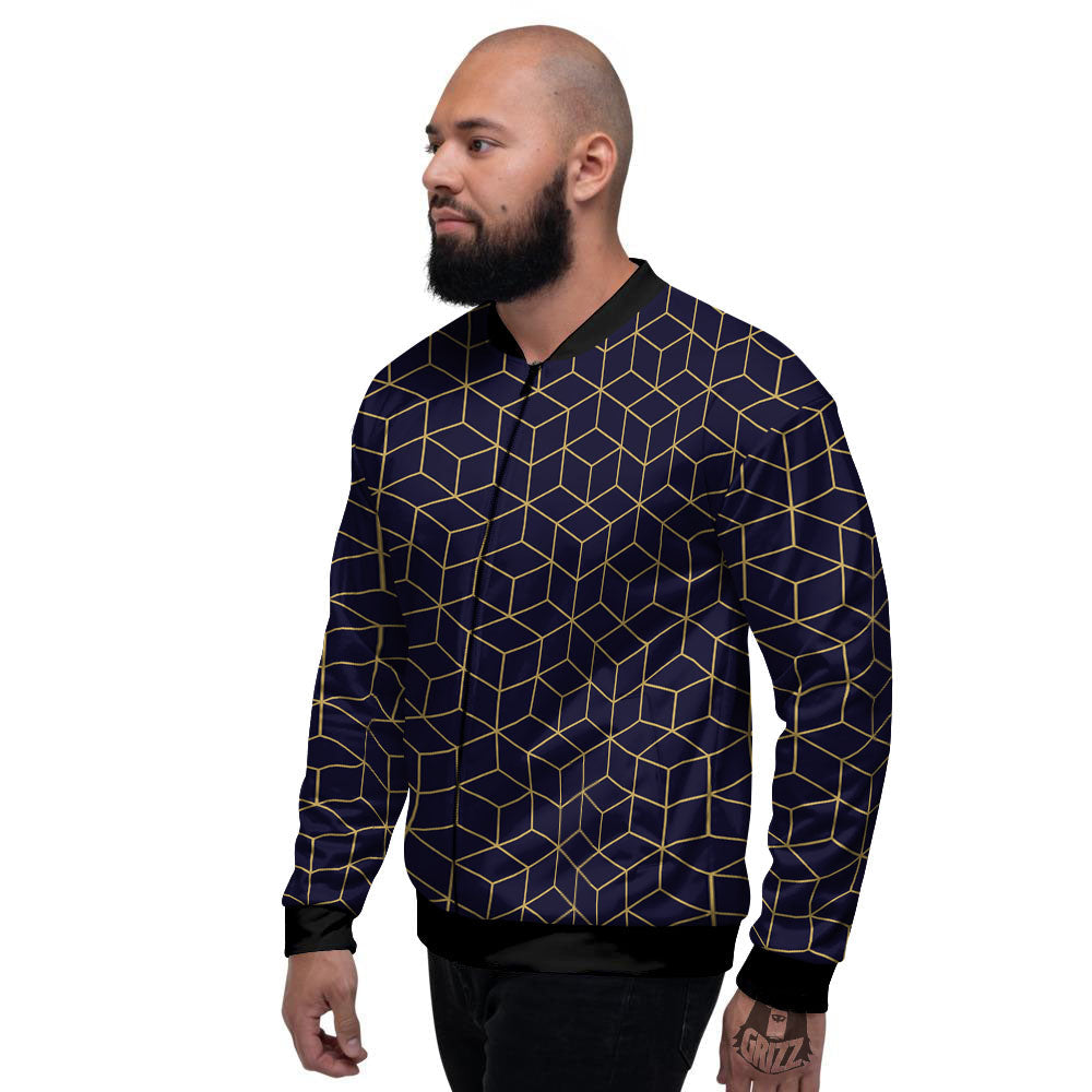 Cube Shape Black Geometric Print Pattern Men's Bomber Jacket-grizzshop