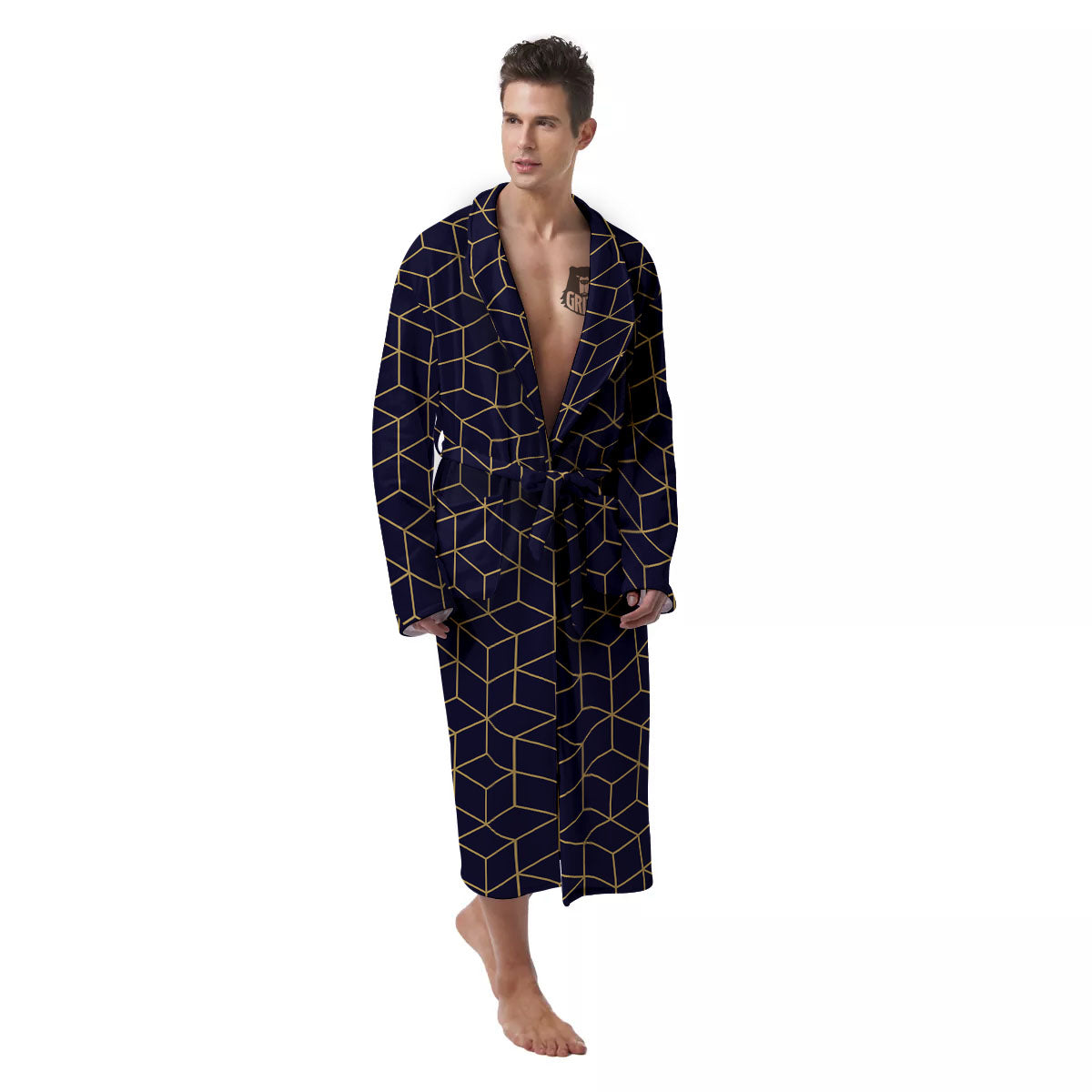 Cube Shape Black Geometric Print Pattern Men's Robe-grizzshop