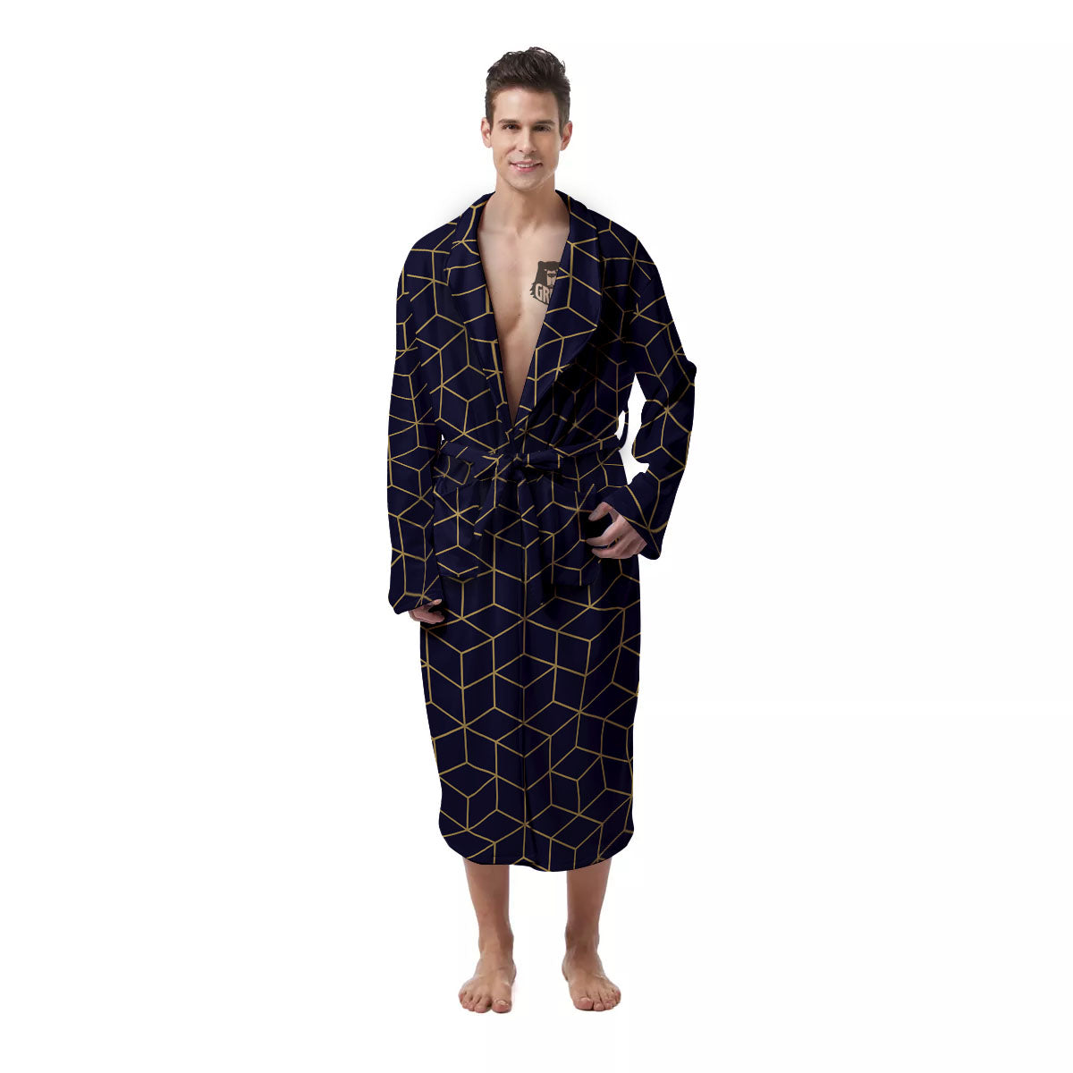 Cube Shape Black Geometric Print Pattern Men's Robe-grizzshop