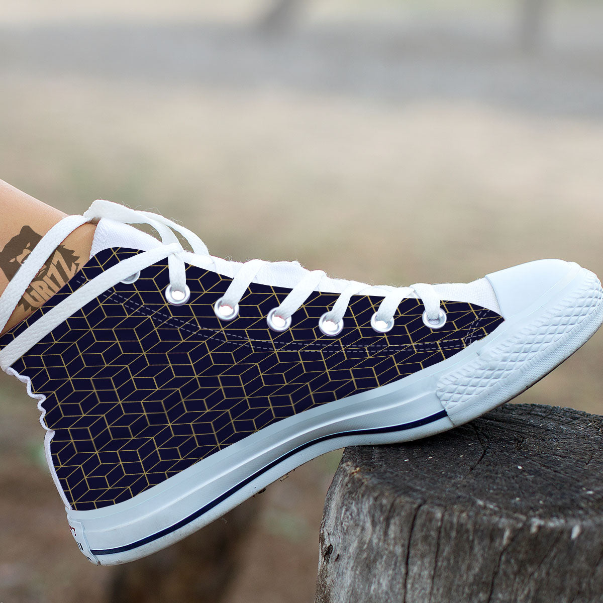 Cube Shape Black Geometric Print Pattern White High Top Shoes-grizzshop