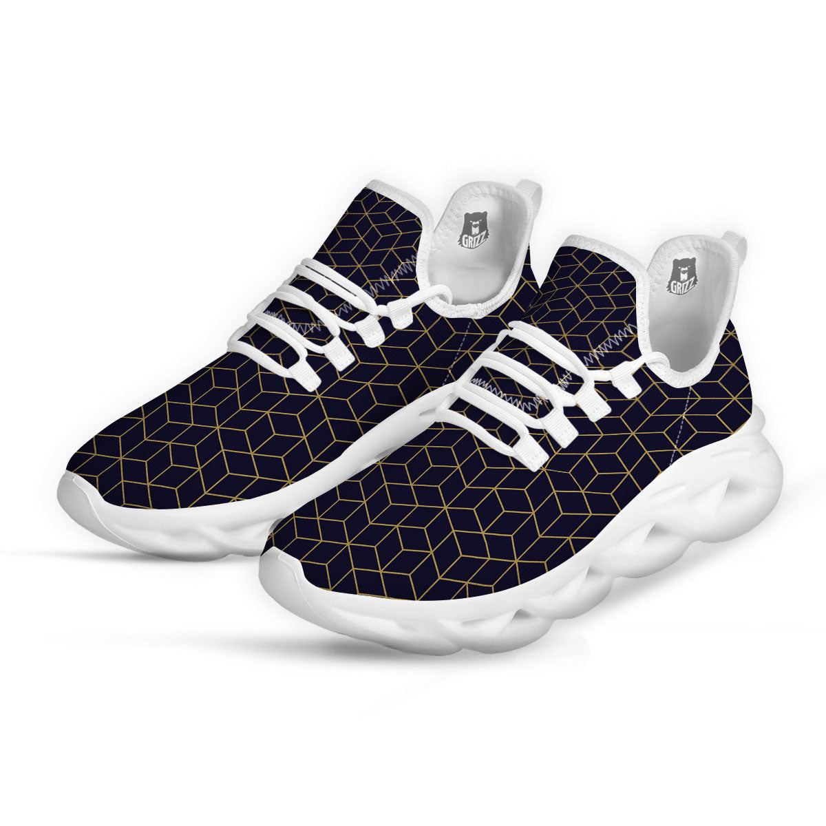 Cube Shape Black Geometric Print Pattern White Running Shoes-grizzshop