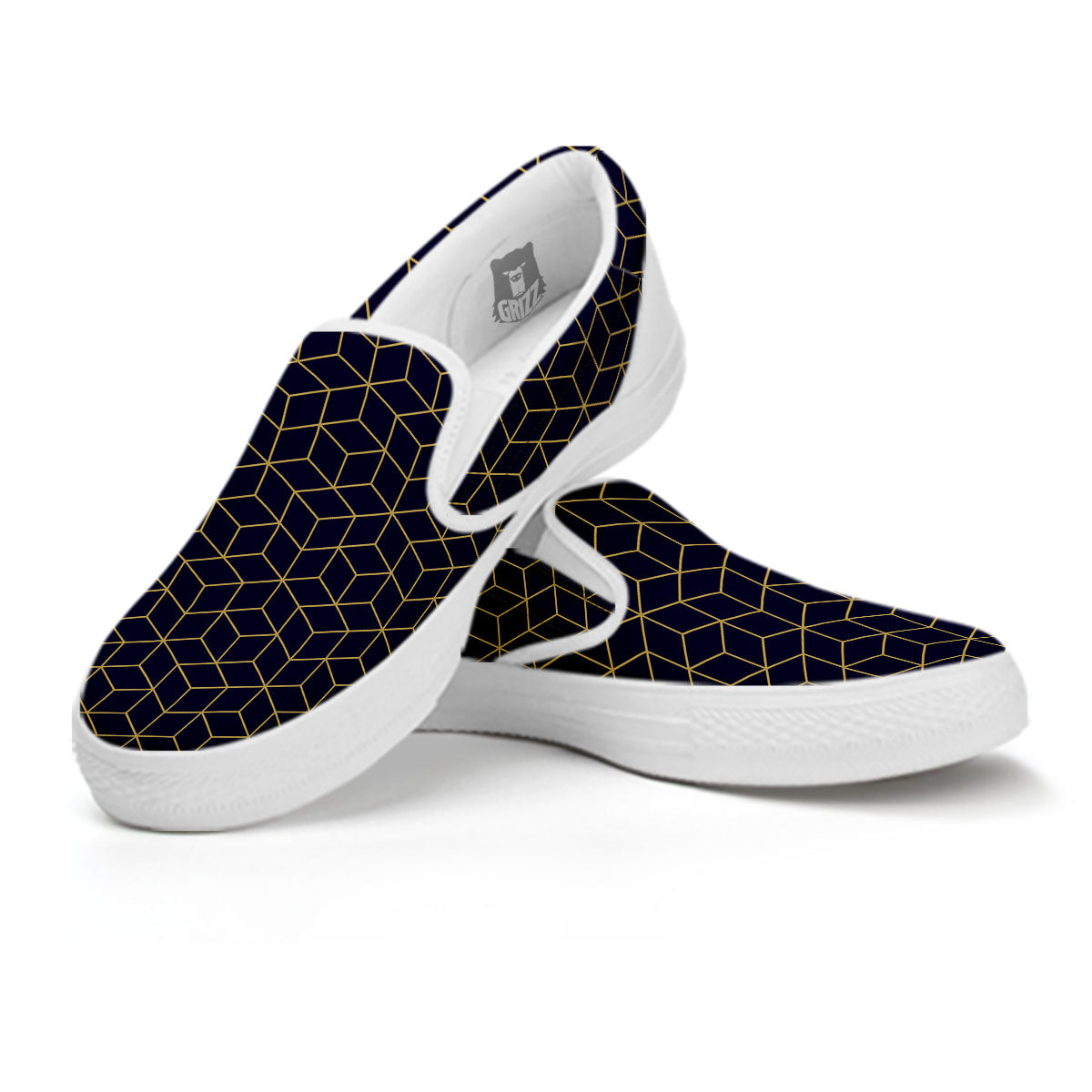 Cube Shape Black Geometric Print Pattern White Slip On Shoes-grizzshop