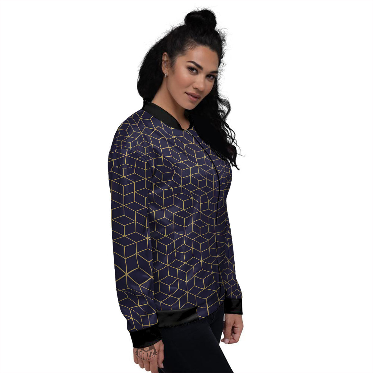 Cube Shape Black Geometric Print Pattern Women's Bomber Jacket-grizzshop